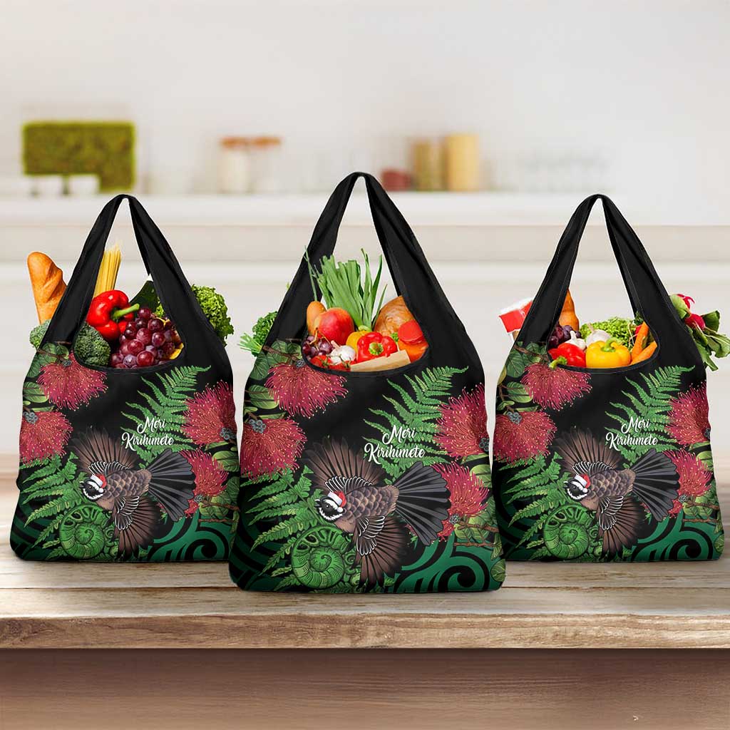 Meri Kirihimete New Zealand Grocery Bag Piwakawaka Koru Fern Mix Pohutukawa - Aussie Hoodie