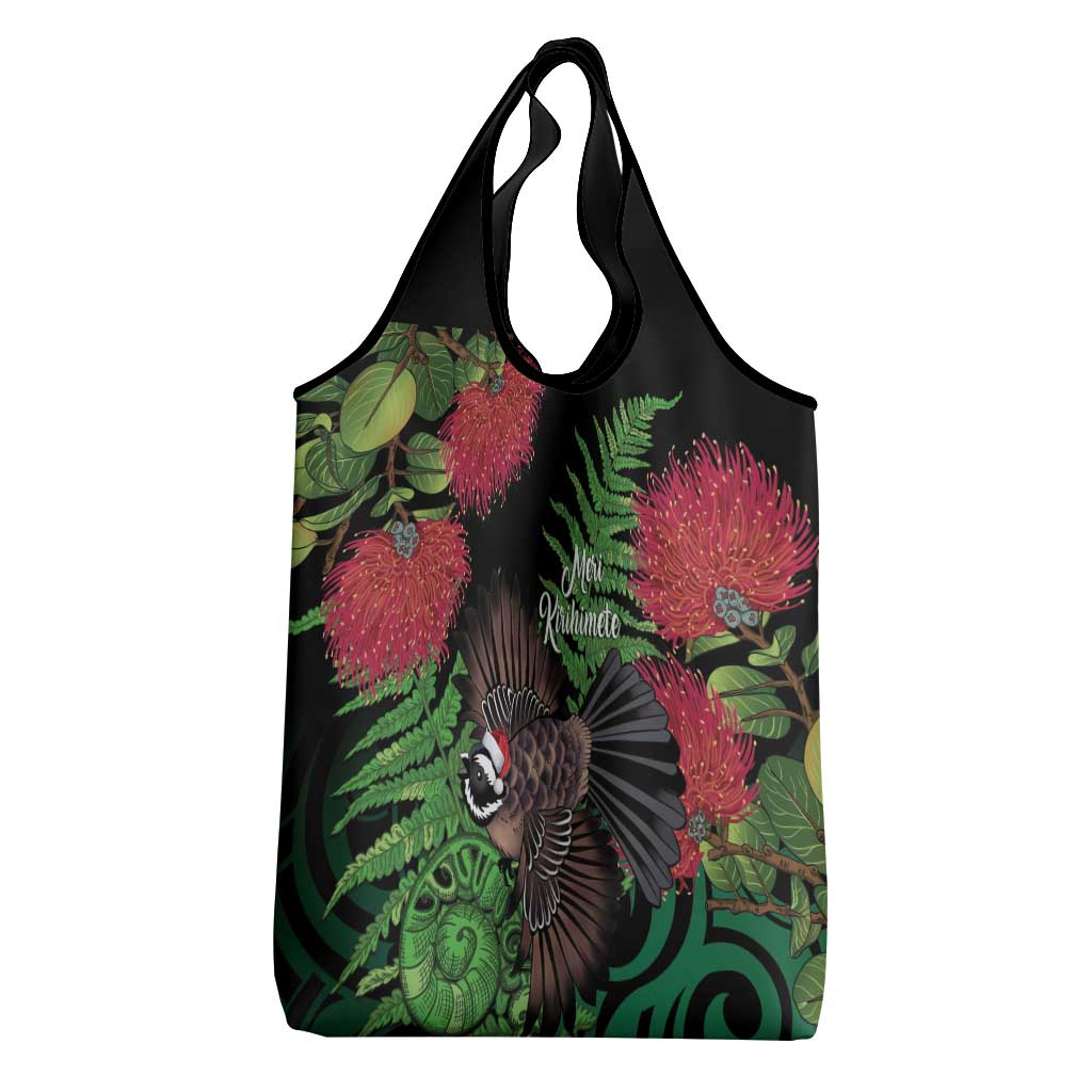 Meri Kirihimete New Zealand Grocery Bag Piwakawaka Koru Fern Mix Pohutukawa - Aussie Hoodie
