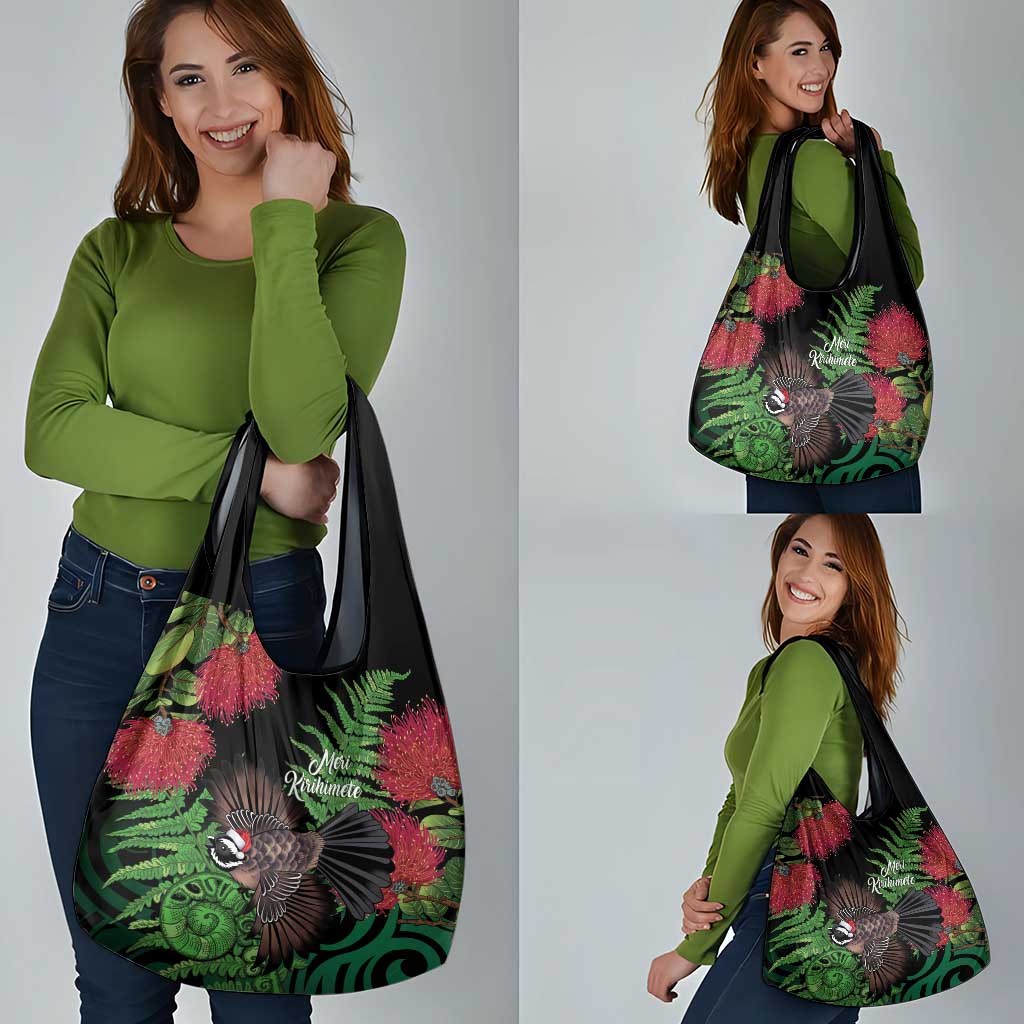 Meri Kirihimete New Zealand Grocery Bag Piwakawaka Koru Fern Mix Pohutukawa - Aussie Hoodie