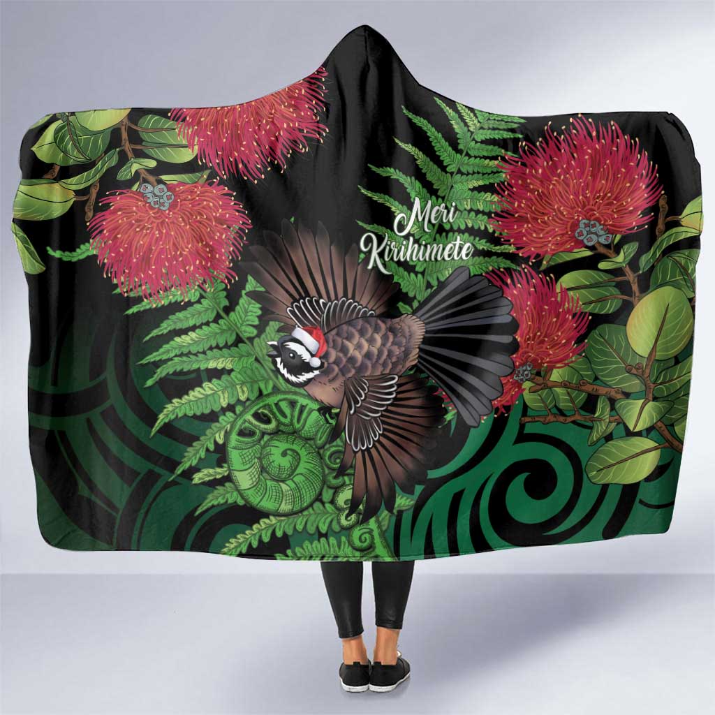 Meri Kirihimete New Zealand Hooded Blanket Piwakawaka Koru Fern Mix Pohutukawa - Aussie Hoodie