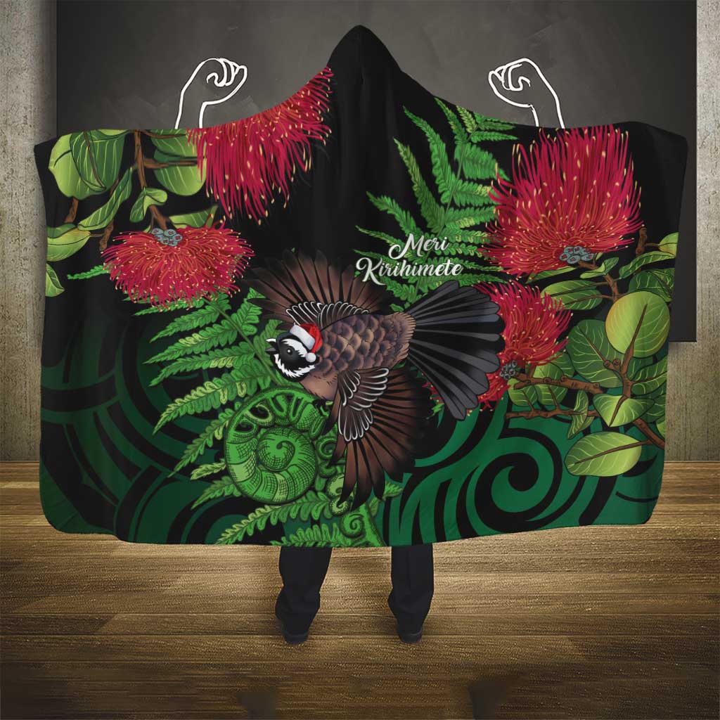 Meri Kirihimete New Zealand Hooded Blanket Piwakawaka Koru Fern Mix Pohutukawa - Aussie Hoodie