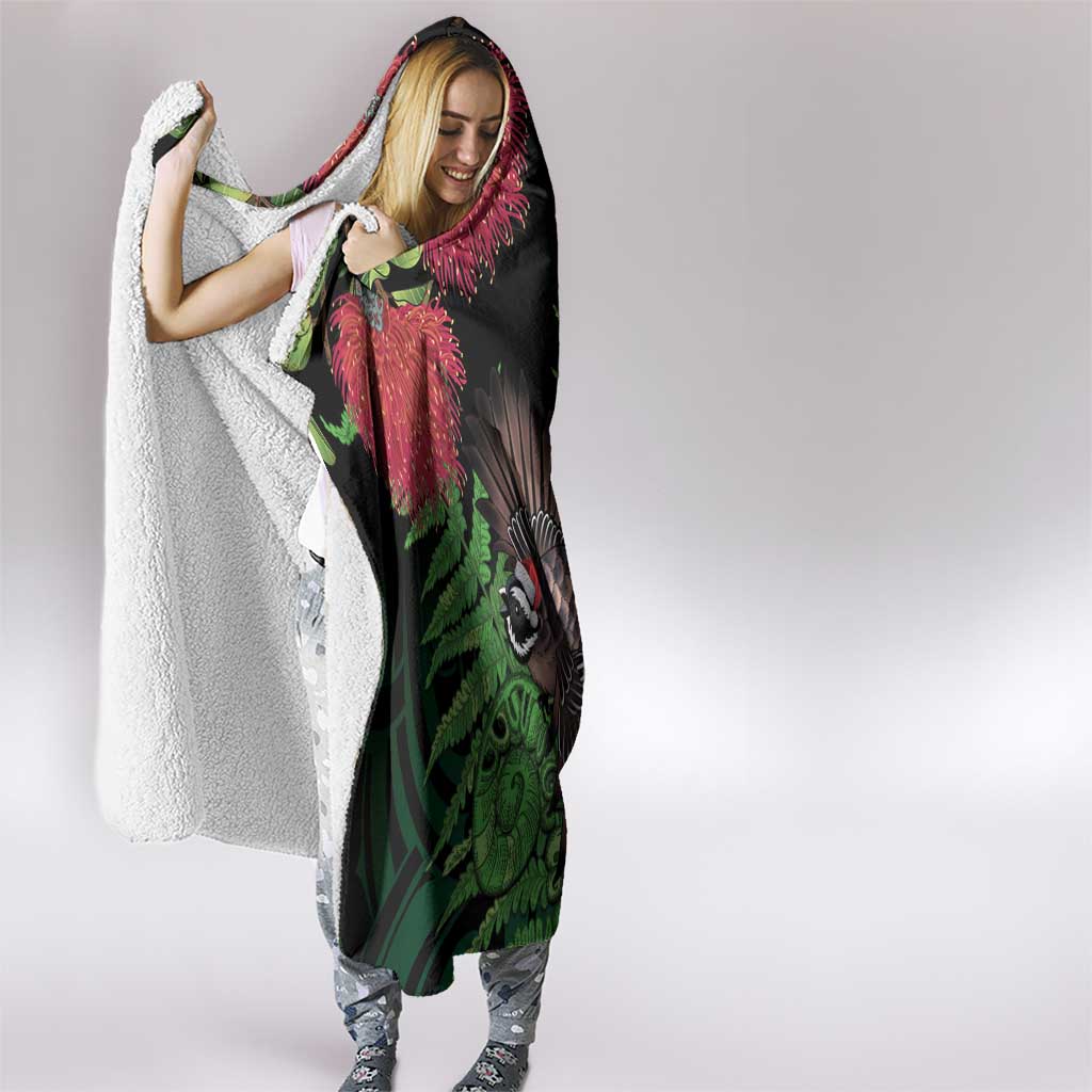 Meri Kirihimete New Zealand Hooded Blanket Piwakawaka Koru Fern Mix Pohutukawa - Aussie Hoodie