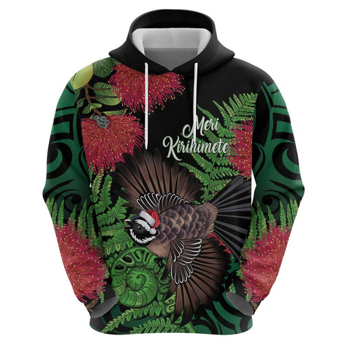 Meri Kirihimete New Zealand Hoodie Piwakawaka Koru Fern Mix Pohutukawa - Aussie Hoodie