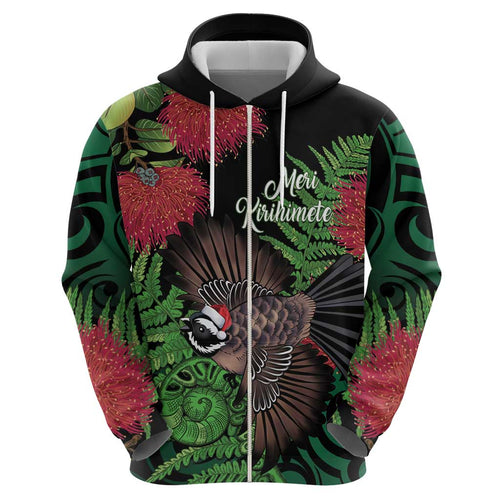 Meri Kirihimete New Zealand Hoodie Piwakawaka Koru Fern Mix Pohutukawa - Aussie Hoodie