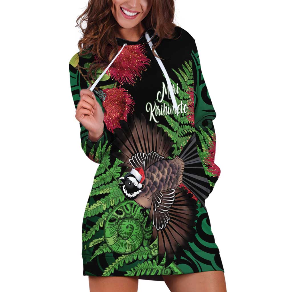 Meri Kirihimete New Zealand Hoodie Dress Piwakawaka Koru Fern Mix Pohutukawa - Aussie Hoodie