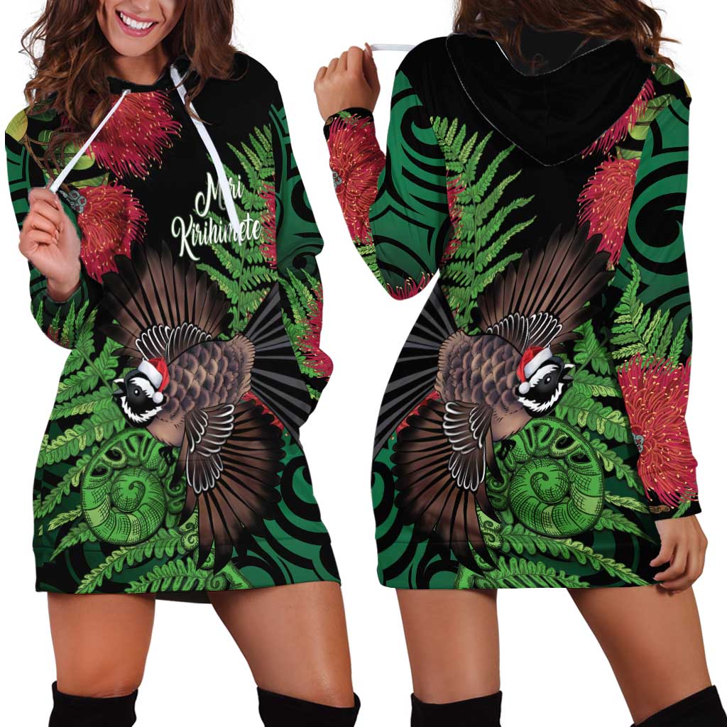 Meri Kirihimete New Zealand Hoodie Dress Piwakawaka Koru Fern Mix Pohutukawa - Aussie Hoodie