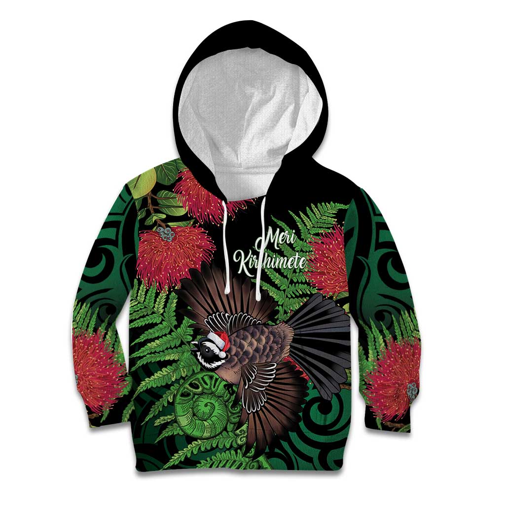 Meri Kirihimete New Zealand Kid Hoodie Piwakawaka Koru Fern Mix Pohutukawa - Aussie Hoodie
