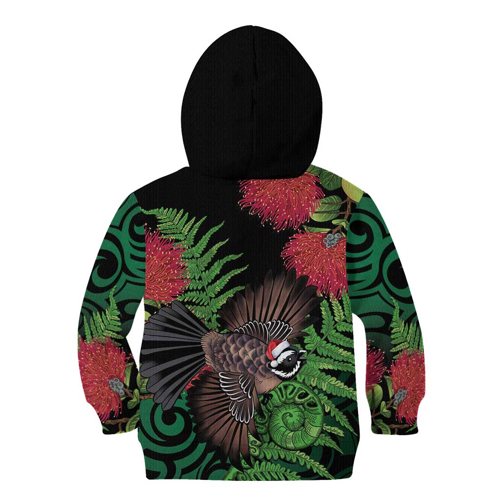 Meri Kirihimete New Zealand Kid Hoodie Piwakawaka Koru Fern Mix Pohutukawa - Aussie Hoodie