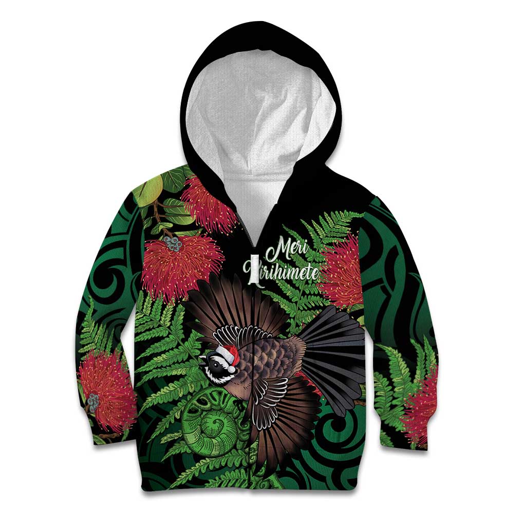 Meri Kirihimete New Zealand Kid Hoodie Piwakawaka Koru Fern Mix Pohutukawa - Aussie Hoodie