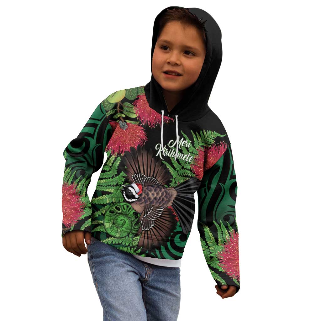 Meri Kirihimete New Zealand Kid Hoodie Piwakawaka Koru Fern Mix Pohutukawa - Aussie Hoodie