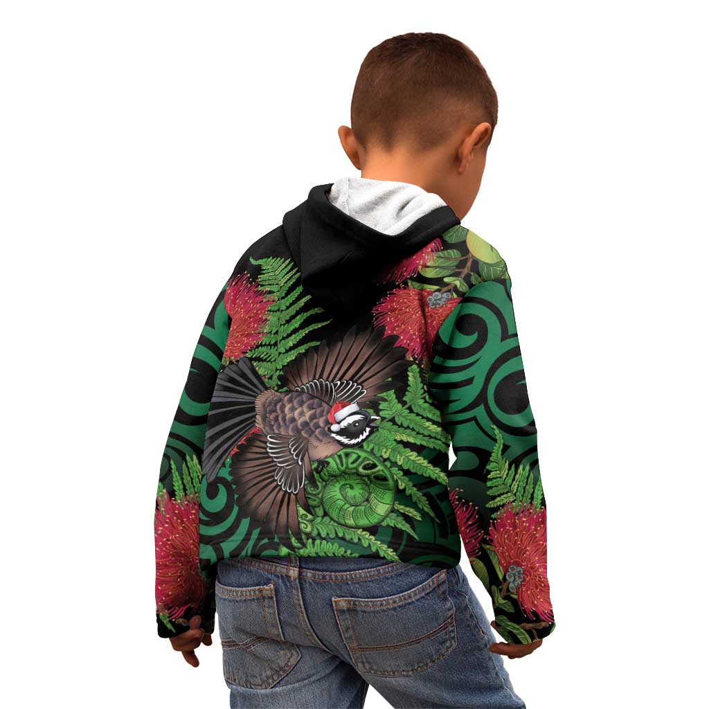 Meri Kirihimete New Zealand Kid Hoodie Piwakawaka Koru Fern Mix Pohutukawa - Aussie Hoodie
