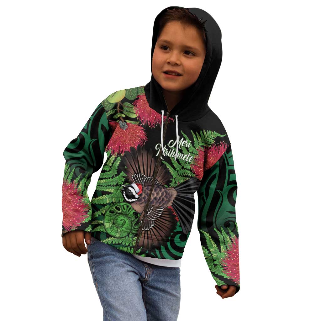 Meri Kirihimete New Zealand Kid Hoodie Piwakawaka Koru Fern Mix Pohutukawa - Aussie Hoodie