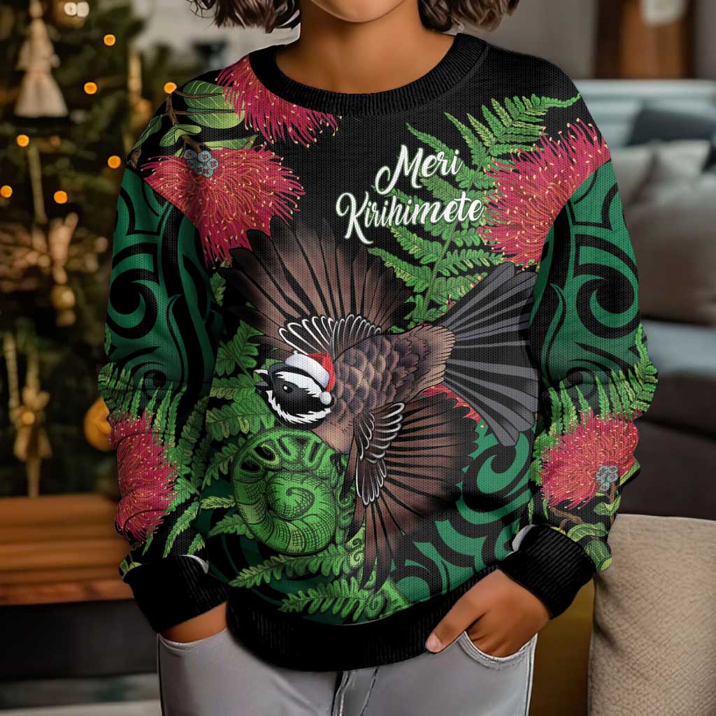 Meri Kirihimete New Zealand Kid Ugly Christmas Sweater Piwakawaka Koru Fern Mix Pohutukawa - Aussie Hoodie