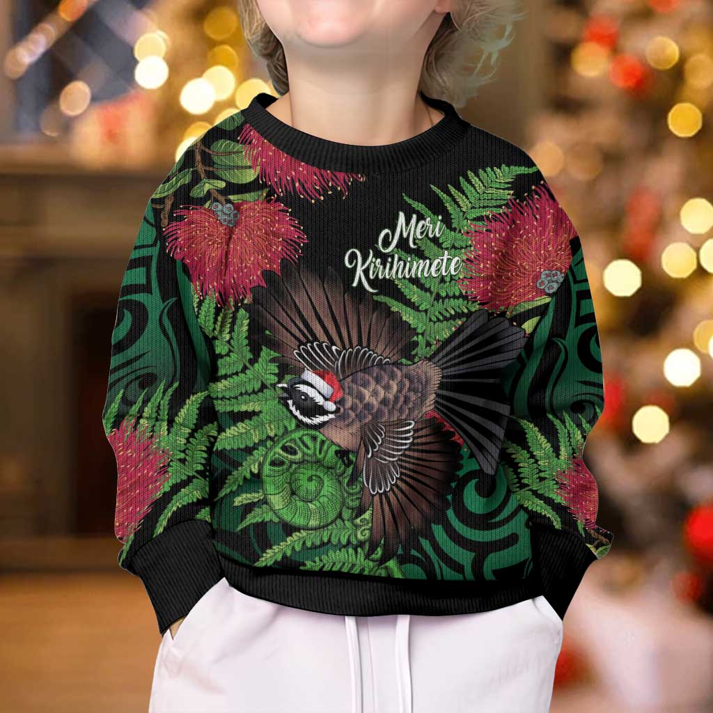 Meri Kirihimete New Zealand Kid Ugly Christmas Sweater Piwakawaka Koru Fern Mix Pohutukawa - Aussie Hoodie