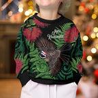 Meri Kirihimete New Zealand Kid Ugly Christmas Sweater Piwakawaka Koru Fern Mix Pohutukawa - Aussie Hoodie
