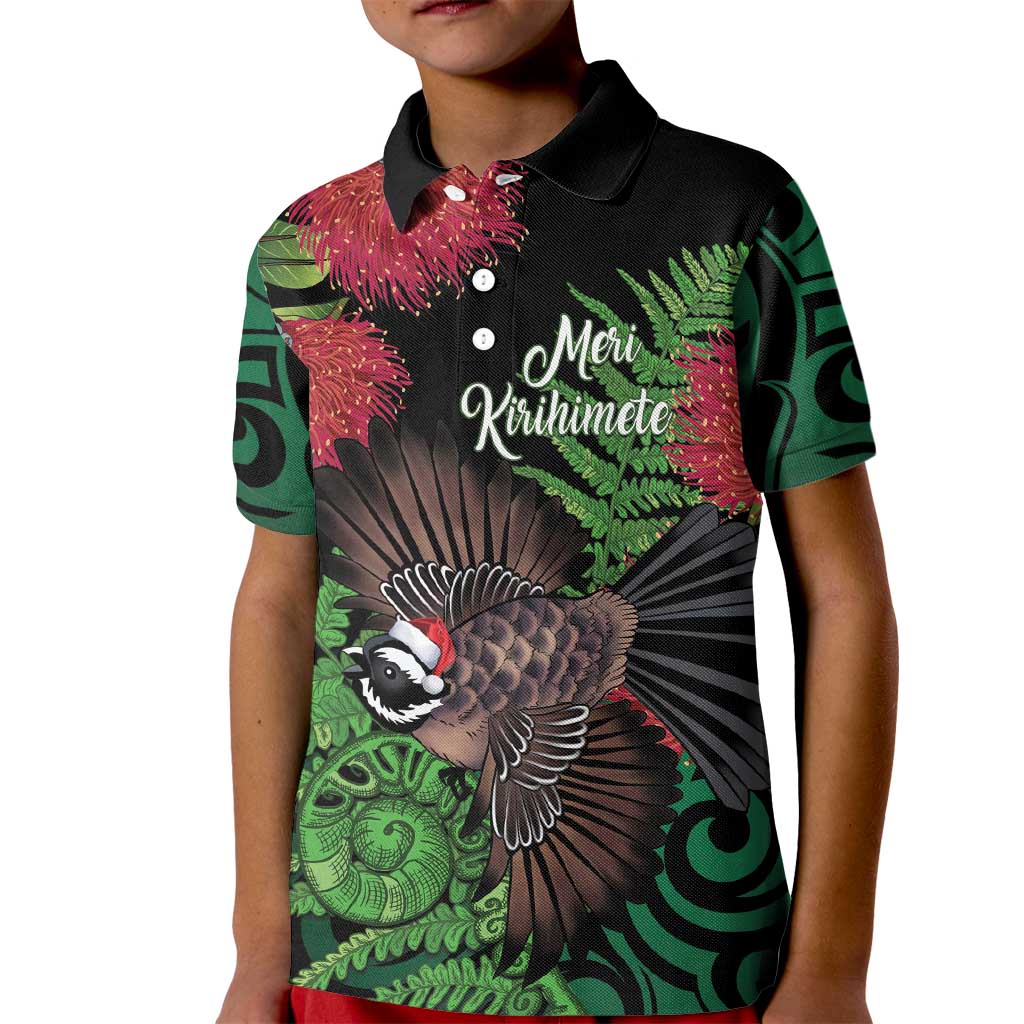 Meri Kirihimete New Zealand Kid Polo Shirt Piwakawaka Koru Fern Mix Pohutukawa - Aussie Hoodie