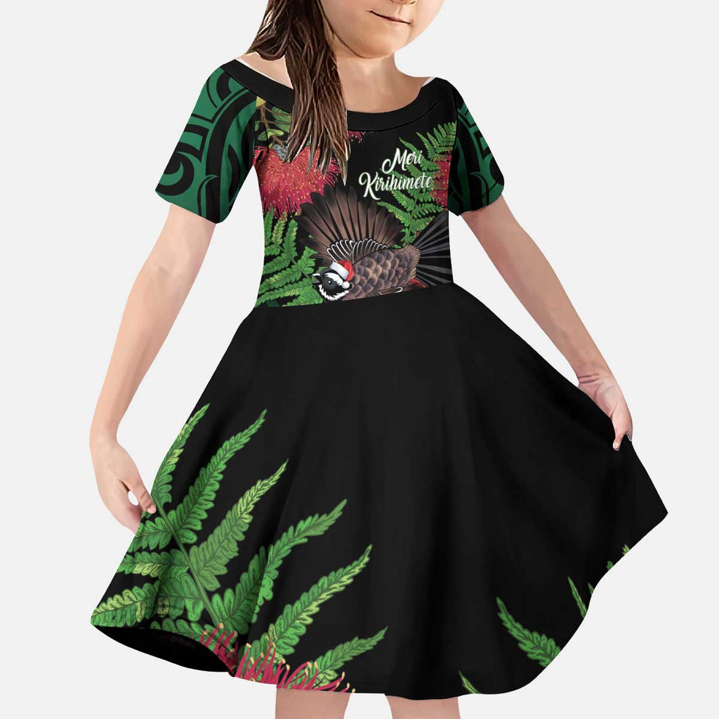 Meri Kirihimete New Zealand Kid Short Sleeve Dress Piwakawaka Koru Fern Mix Pohutukawa - Aussie Hoodie