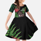Meri Kirihimete New Zealand Kid Short Sleeve Dress Piwakawaka Koru Fern Mix Pohutukawa - Aussie Hoodie