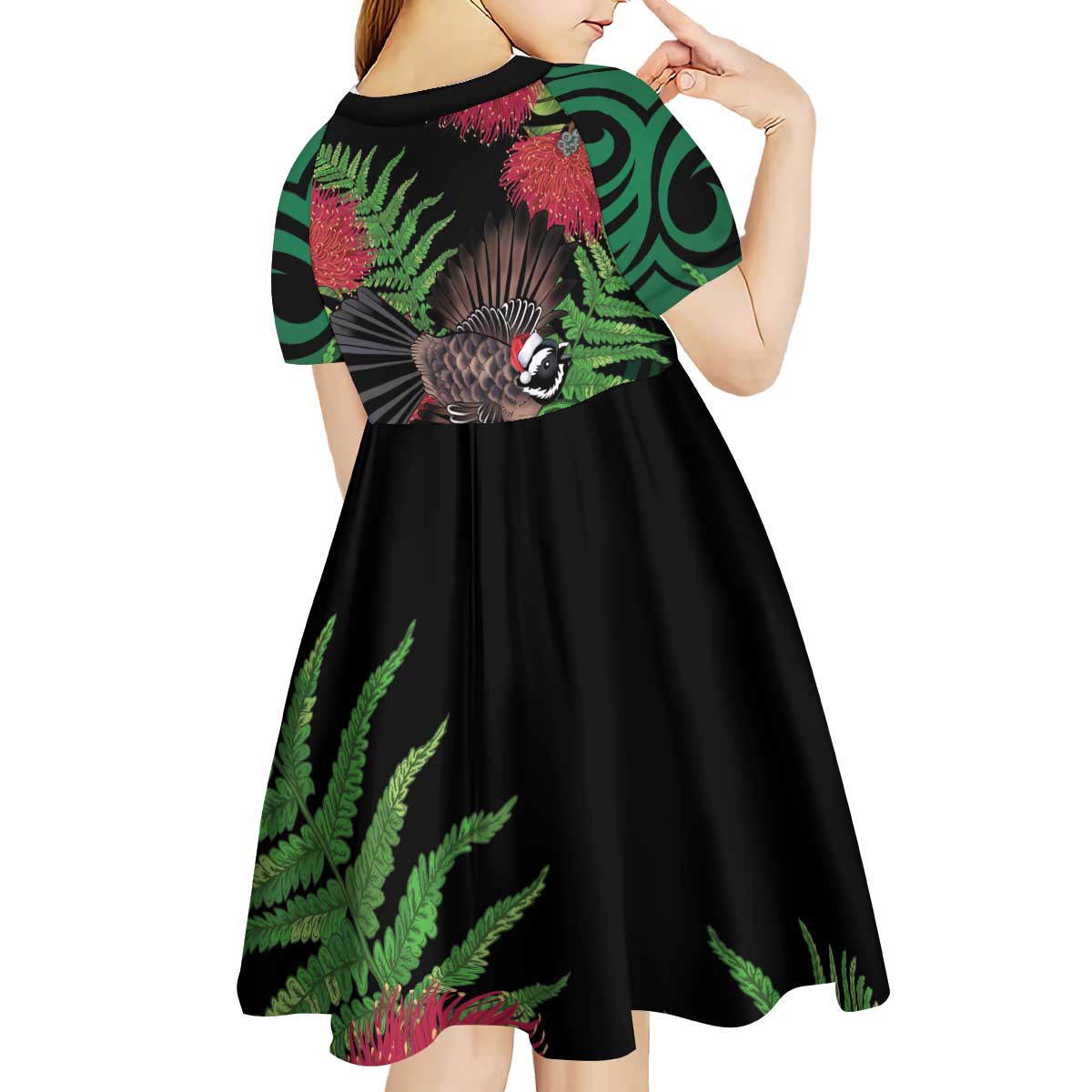 Meri Kirihimete New Zealand Kid Short Sleeve Dress Piwakawaka Koru Fern Mix Pohutukawa - Aussie Hoodie