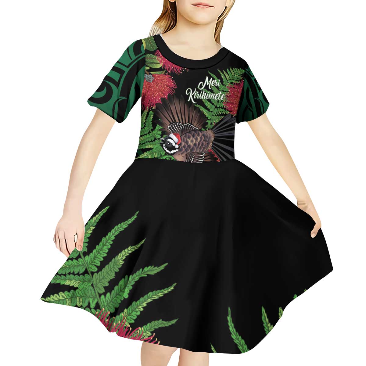 Meri Kirihimete New Zealand Kid Short Sleeve Dress Piwakawaka Koru Fern Mix Pohutukawa - Aussie Hoodie