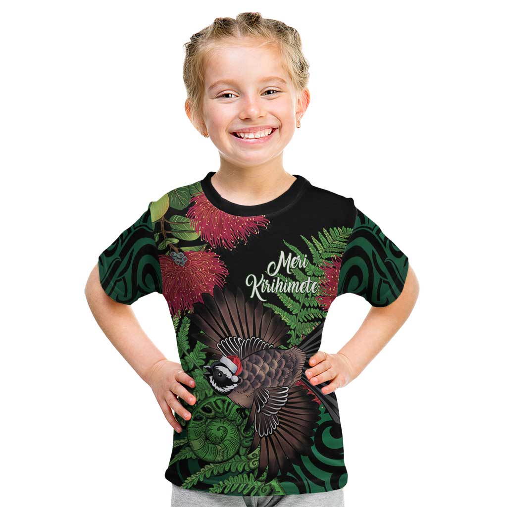 Meri Kirihimete New Zealand Kid T Shirt Piwakawaka Koru Fern Mix Pohutukawa - Aussie Hoodie