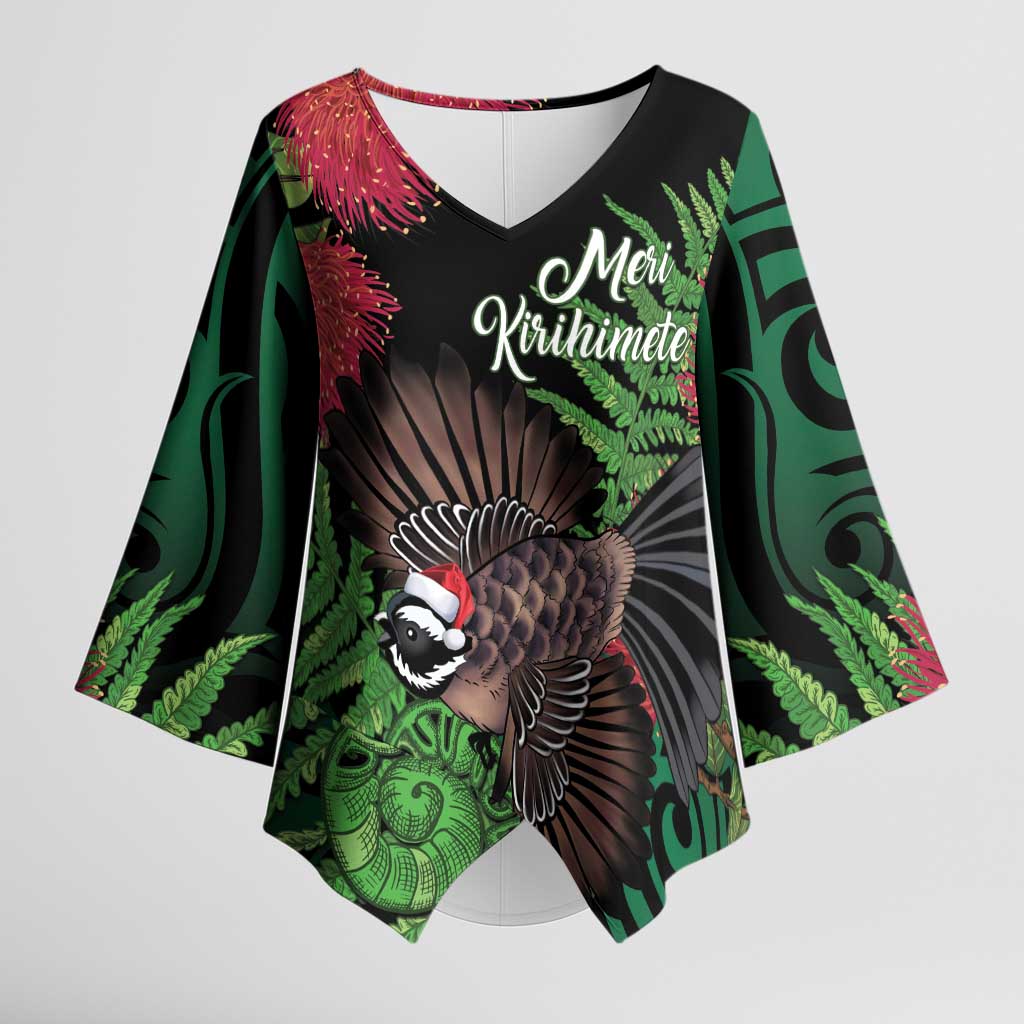 Meri Kirihimete New Zealand Kimono Sleeve Blouse Piwakawaka Koru Fern Mix Pohutukawa - Aussie Hoodie