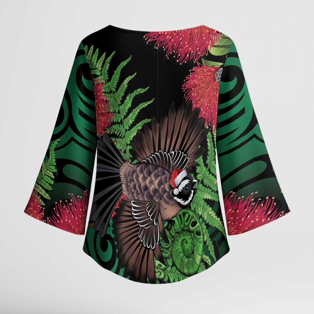 Meri Kirihimete New Zealand Kimono Sleeve Blouse Piwakawaka Koru Fern Mix Pohutukawa - Aussie Hoodie