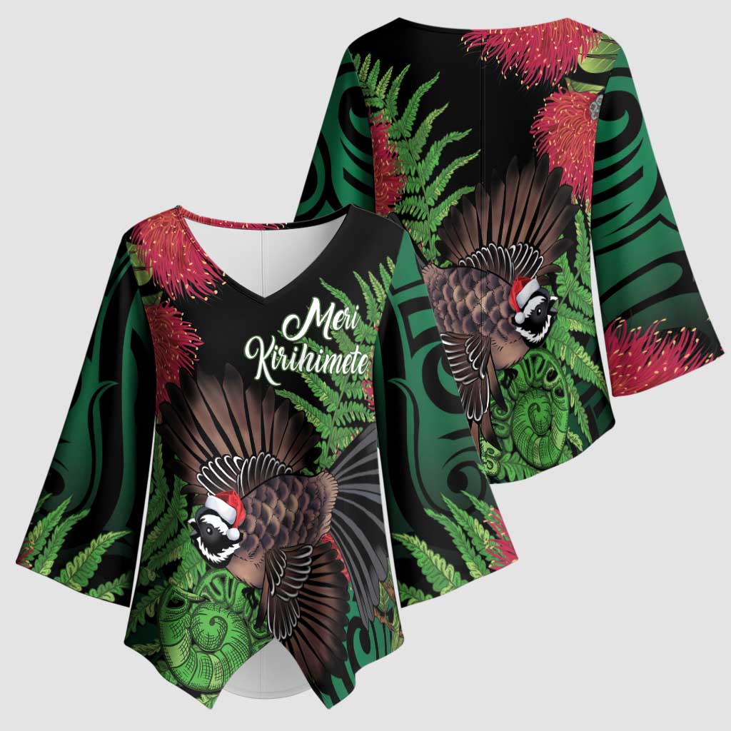 Meri Kirihimete New Zealand Kimono Sleeve Blouse Piwakawaka Koru Fern Mix Pohutukawa - Aussie Hoodie