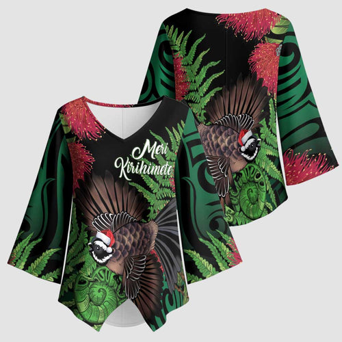 Meri Kirihimete New Zealand Kimono Sleeve Blouse Piwakawaka Koru Fern Mix Pohutukawa - Aussie Hoodie