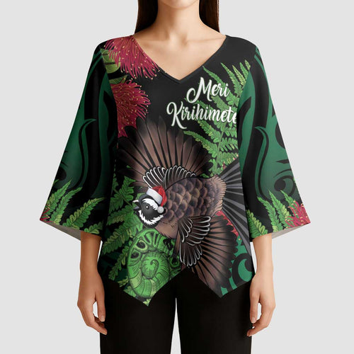 Meri Kirihimete New Zealand Kimono Sleeve Blouse Piwakawaka Koru Fern Mix Pohutukawa - Aussie Hoodie