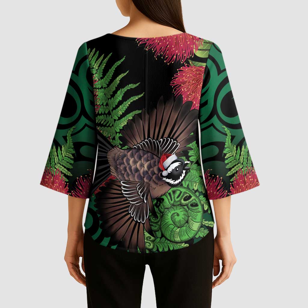 Meri Kirihimete New Zealand Kimono Sleeve Blouse Piwakawaka Koru Fern Mix Pohutukawa - Aussie Hoodie