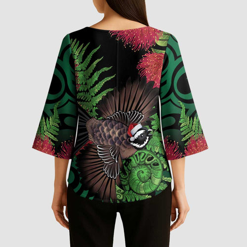 Meri Kirihimete New Zealand Kimono Sleeve Blouse Piwakawaka Koru Fern Mix Pohutukawa - Aussie Hoodie