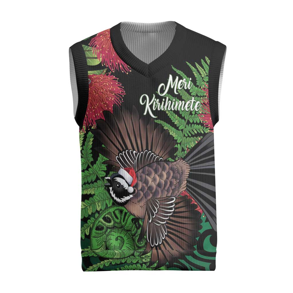 Meri Kirihimete New Zealand Christmas Knitted V-Neck Vest Piwakawaka Koru Fern Mix Pohutukawa - Aussie Hoodie