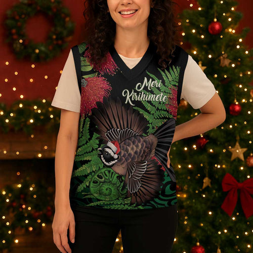 Meri Kirihimete New Zealand Christmas Knitted V-Neck Vest Piwakawaka Koru Fern Mix Pohutukawa - Aussie Hoodie