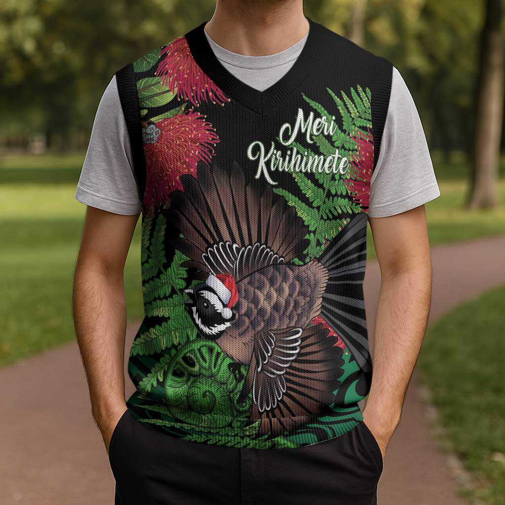 Meri Kirihimete New Zealand Christmas Knitted V-Neck Vest Piwakawaka Koru Fern Mix Pohutukawa - Aussie Hoodie