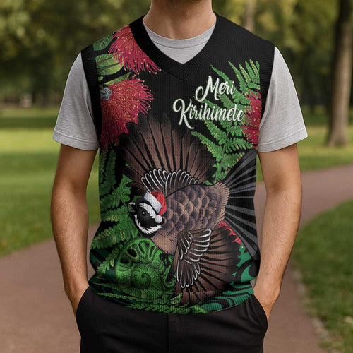 Meri Kirihimete New Zealand Christmas Knitted V-Neck Vest Piwakawaka Koru Fern Mix Pohutukawa - Aussie Hoodie