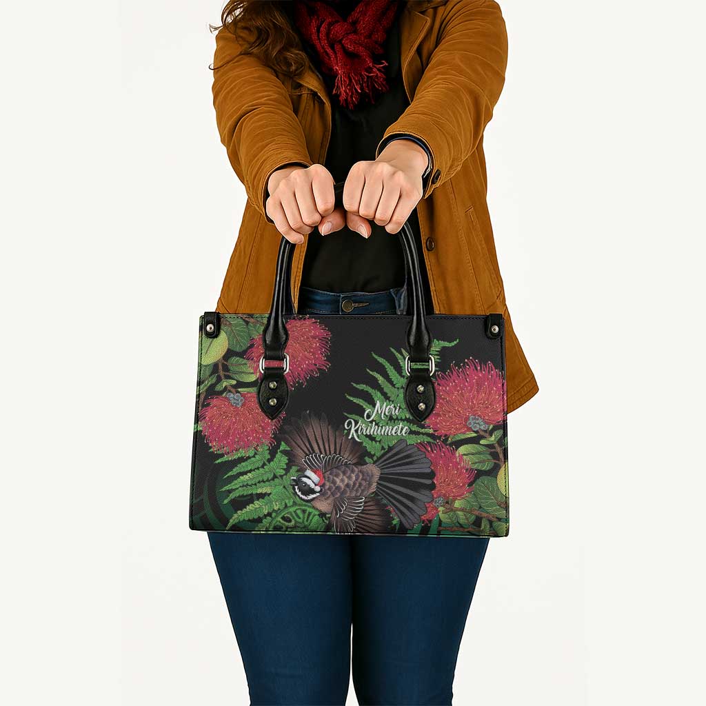 Meri Kirihimete New Zealand Leather Bag Piwakawaka Koru Fern Mix Pohutukawa - Aussie Hoodie