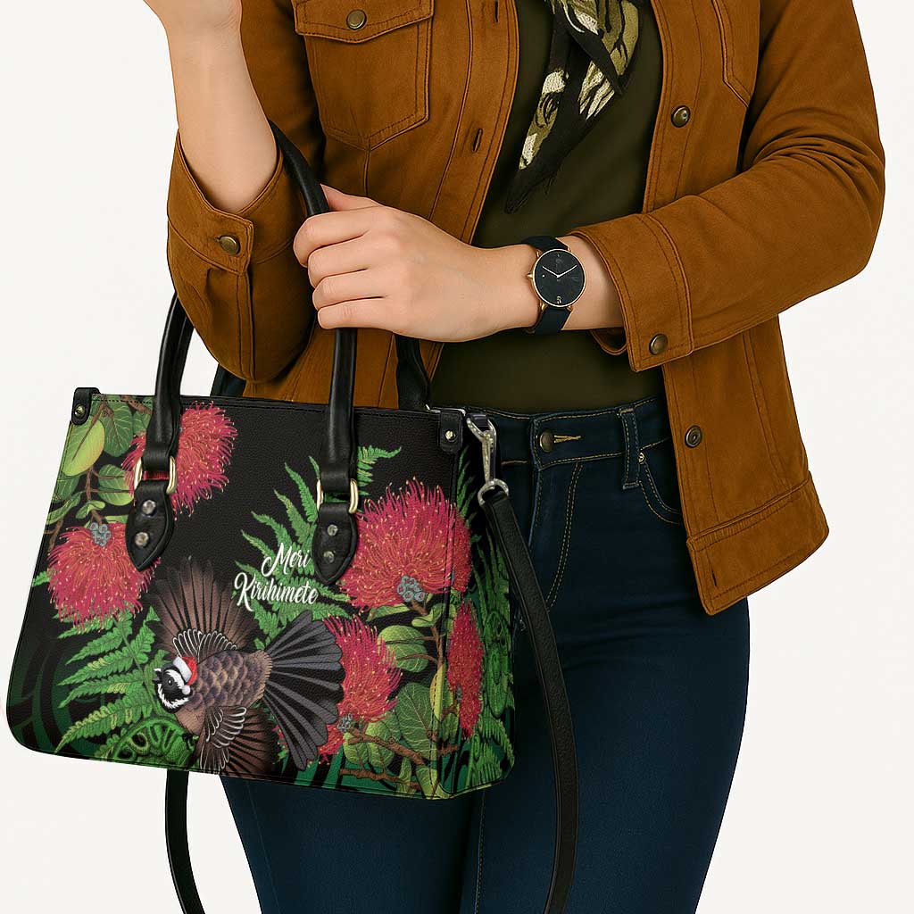 Meri Kirihimete New Zealand Leather Bag Piwakawaka Koru Fern Mix Pohutukawa - Aussie Hoodie