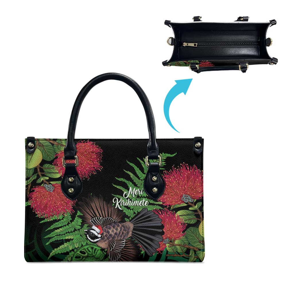 Meri Kirihimete New Zealand Leather Bag Piwakawaka Koru Fern Mix Pohutukawa - Aussie Hoodie