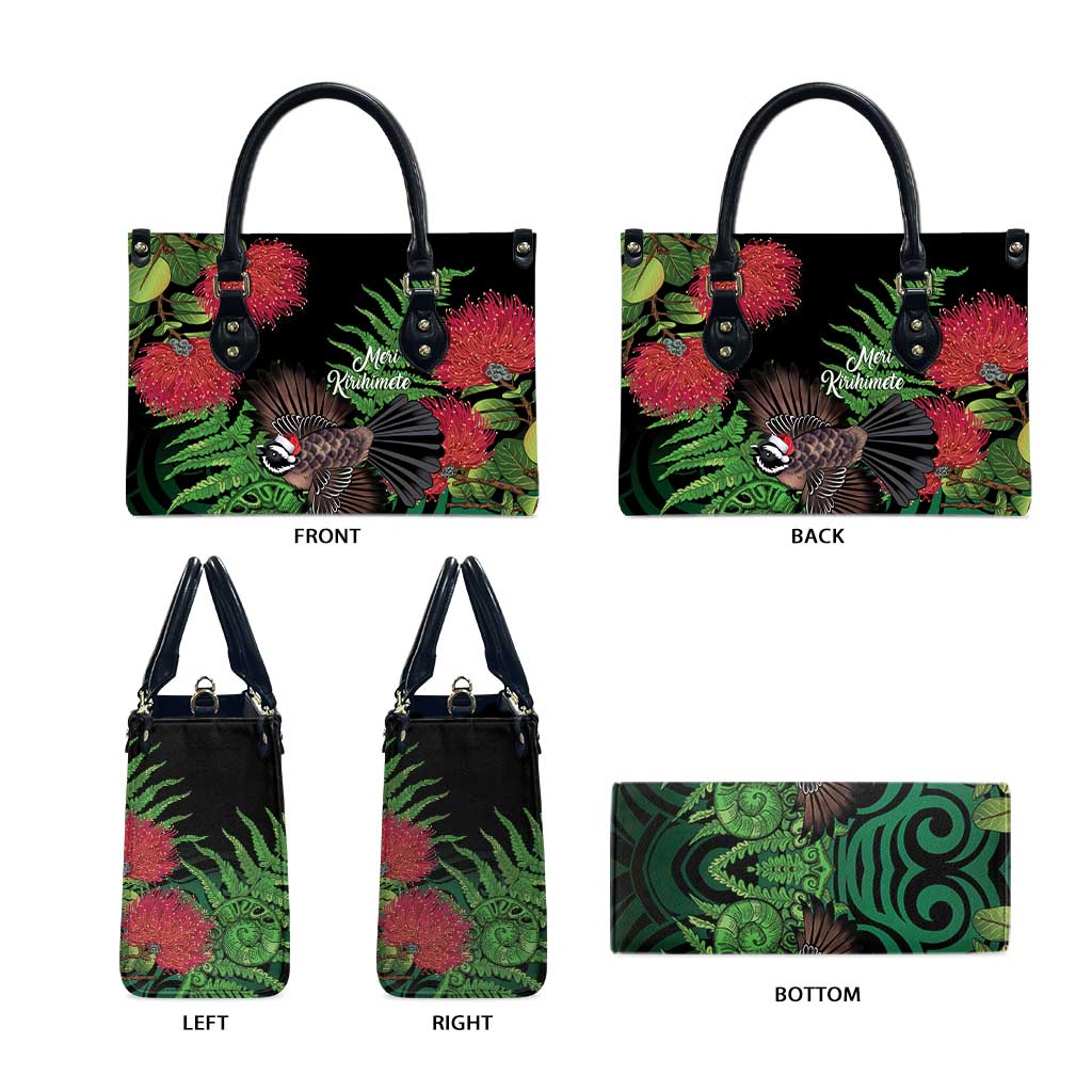 Meri Kirihimete New Zealand Leather Bag Piwakawaka Koru Fern Mix Pohutukawa - Aussie Hoodie