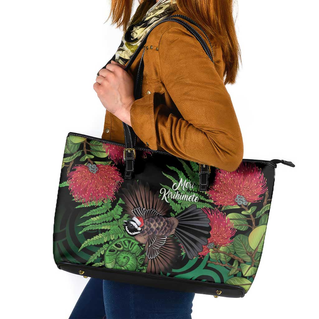 Meri Kirihimete New Zealand Leather Tote Bag Piwakawaka Koru Fern Mix Pohutukawa - Aussie Hoodie