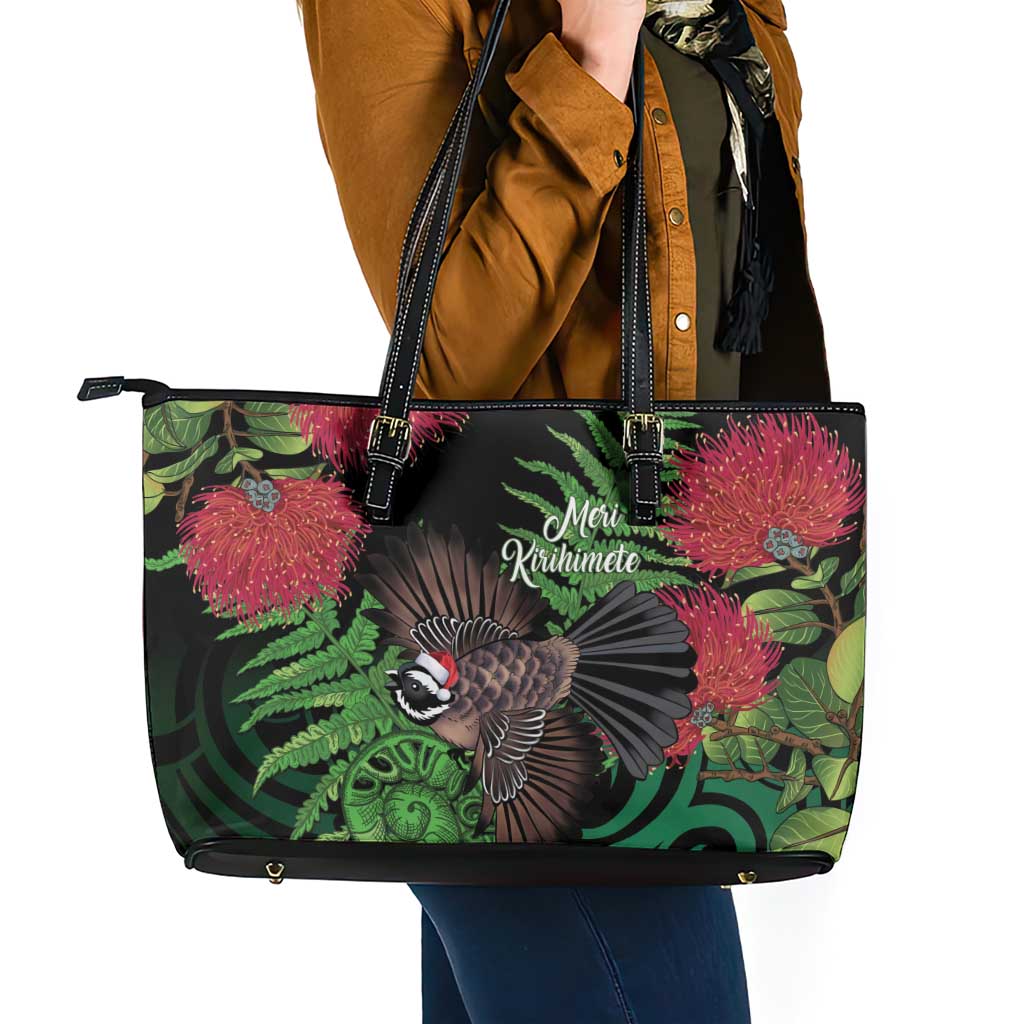 Meri Kirihimete New Zealand Leather Tote Bag Piwakawaka Koru Fern Mix Pohutukawa - Aussie Hoodie