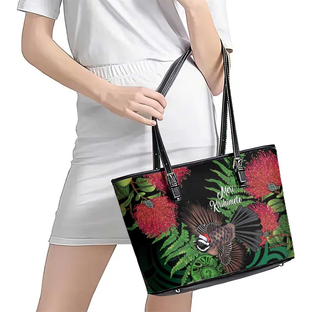 Meri Kirihimete New Zealand Leather Tote Bag Piwakawaka Koru Fern Mix Pohutukawa - Aussie Hoodie