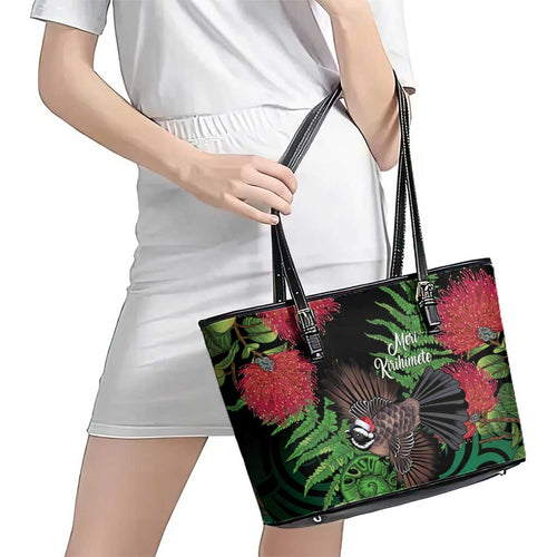 Meri Kirihimete New Zealand Leather Tote Bag Piwakawaka Koru Fern Mix Pohutukawa - Aussie Hoodie