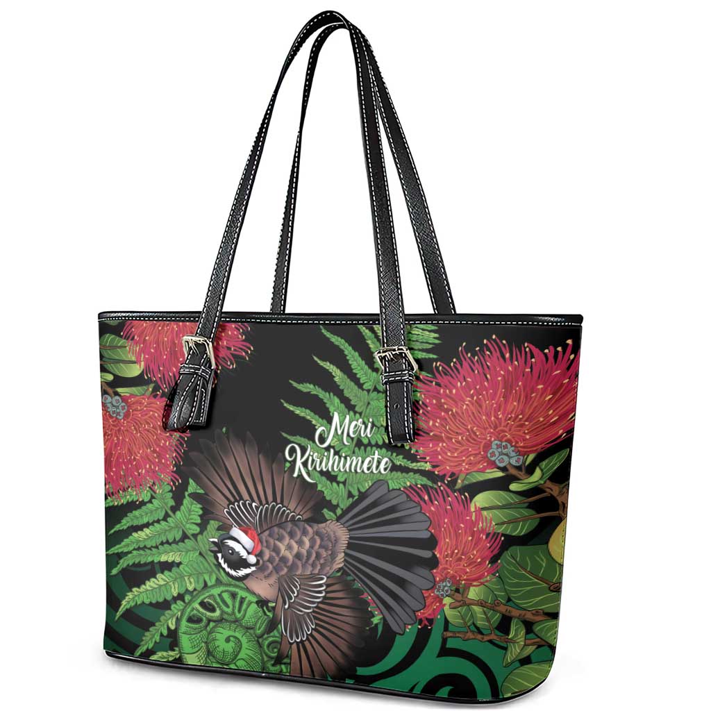 Meri Kirihimete New Zealand Leather Tote Bag Piwakawaka Koru Fern Mix Pohutukawa - Aussie Hoodie