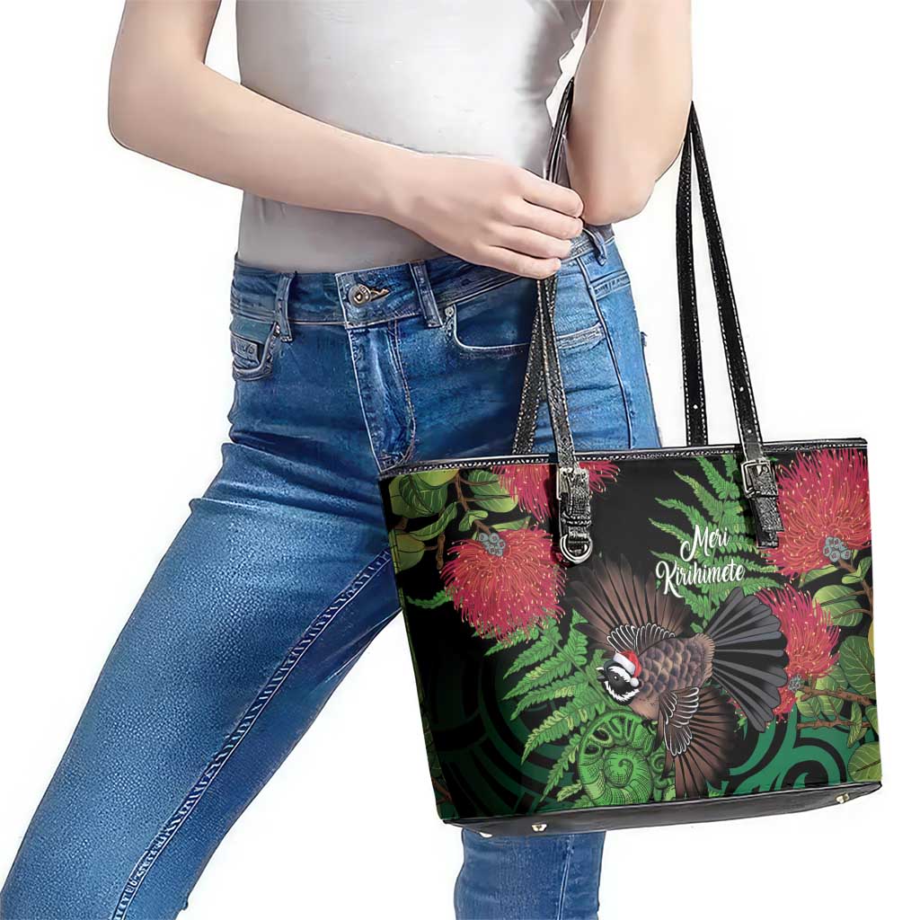 Meri Kirihimete New Zealand Leather Tote Bag Piwakawaka Koru Fern Mix Pohutukawa - Aussie Hoodie