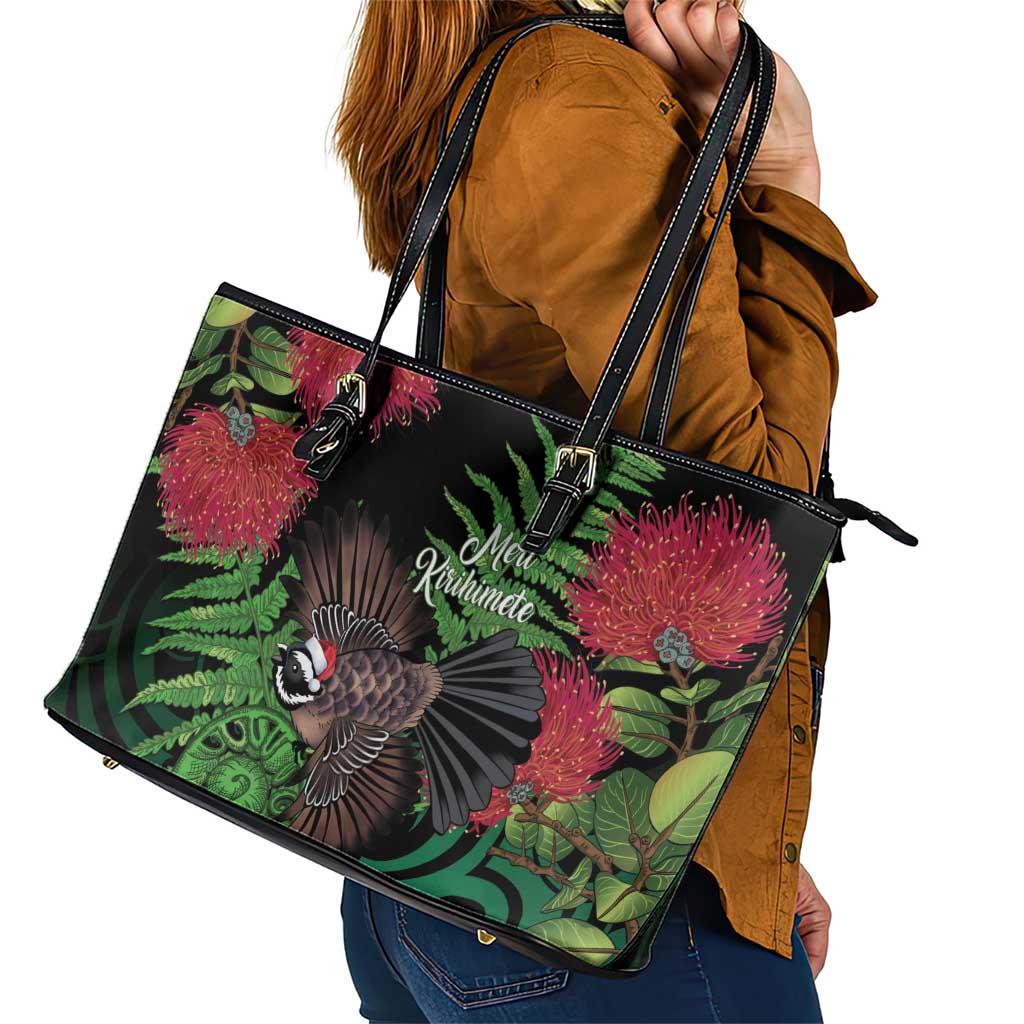 Meri Kirihimete New Zealand Leather Tote Bag Piwakawaka Koru Fern Mix Pohutukawa - Aussie Hoodie