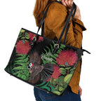 Meri Kirihimete New Zealand Leather Tote Bag Piwakawaka Koru Fern Mix Pohutukawa - Aussie Hoodie