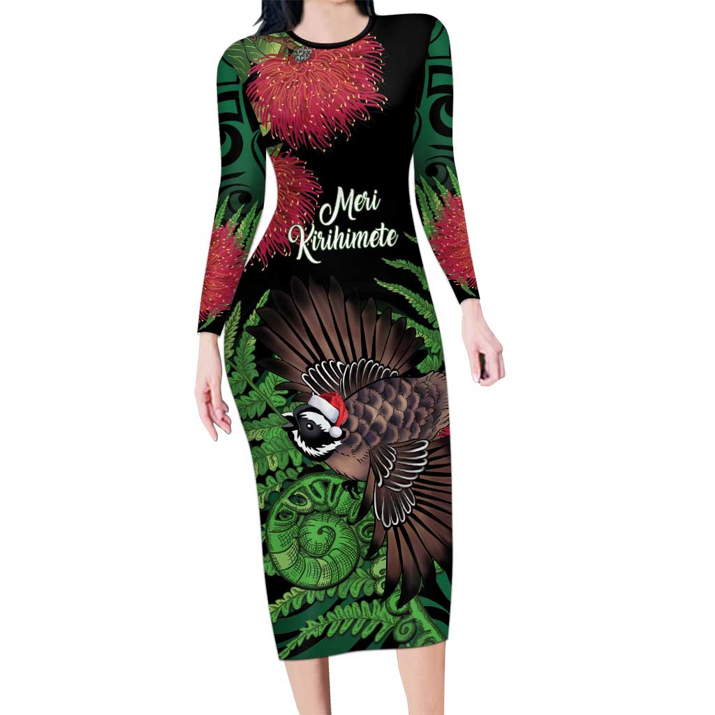 Meri Kirihimete New Zealand Long Sleeve Bodycon Dress Piwakawaka Koru Fern Mix Pohutukawa - Aussie Hoodie