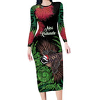 Meri Kirihimete New Zealand Long Sleeve Bodycon Dress Piwakawaka Koru Fern Mix Pohutukawa - Aussie Hoodie